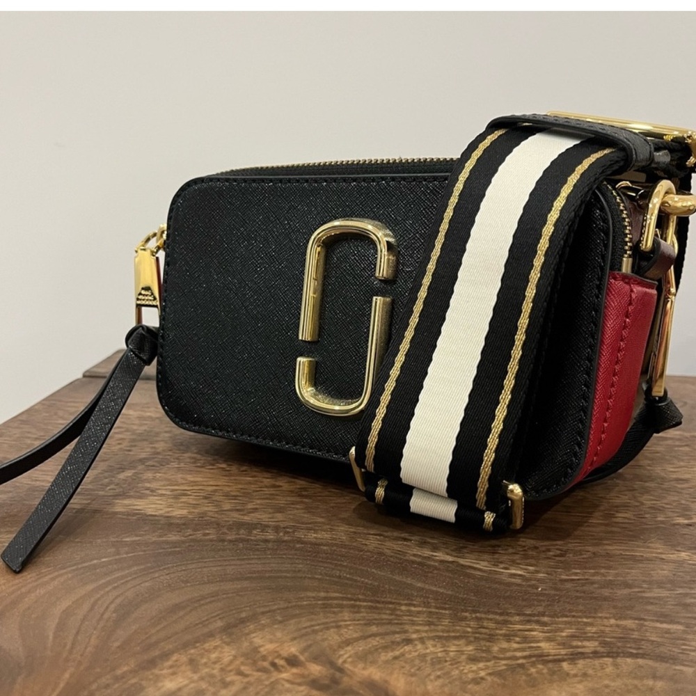 Marc Jacobs Black and Gold Crossbody Bag with Red Accent